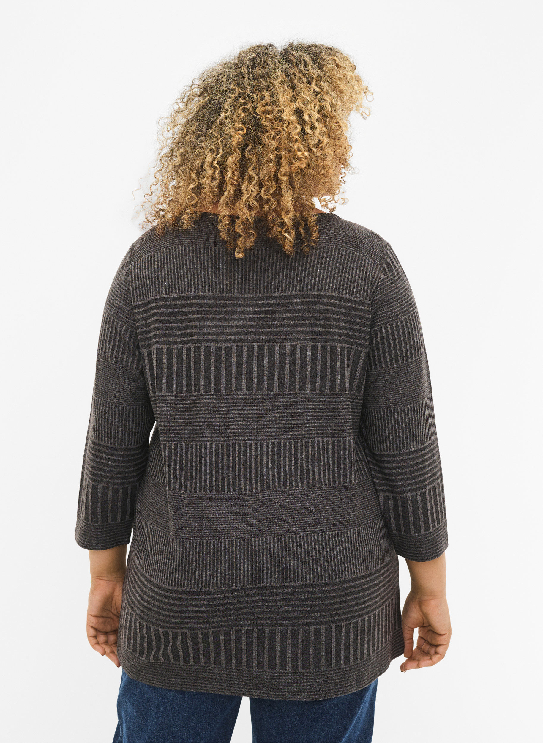 Zizzi Bluse mit 3/4-&Auml;rmeln und Streifenmuster, Dark Grey Melange, Model image number 1