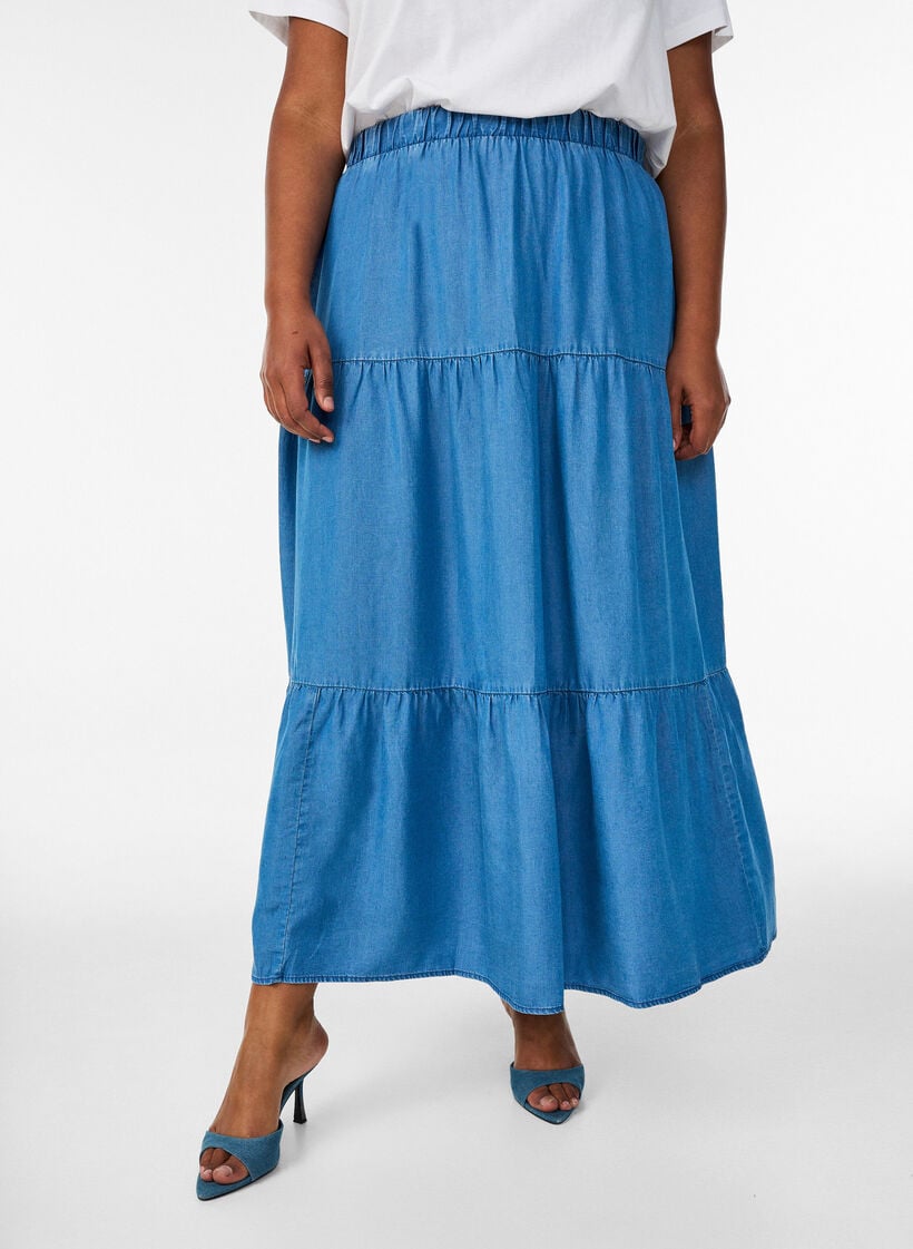 Maxirock aus Denim mit R&uuml;schen, Blau, Model image number 2