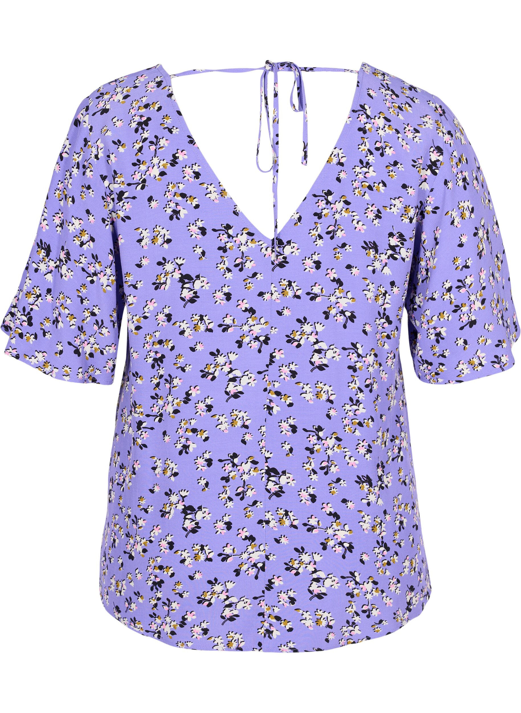Zizzi Gebl&uuml;mte Viskosebluse mit Schnurdetail, Lilac Flower Print, Packshot image number 1