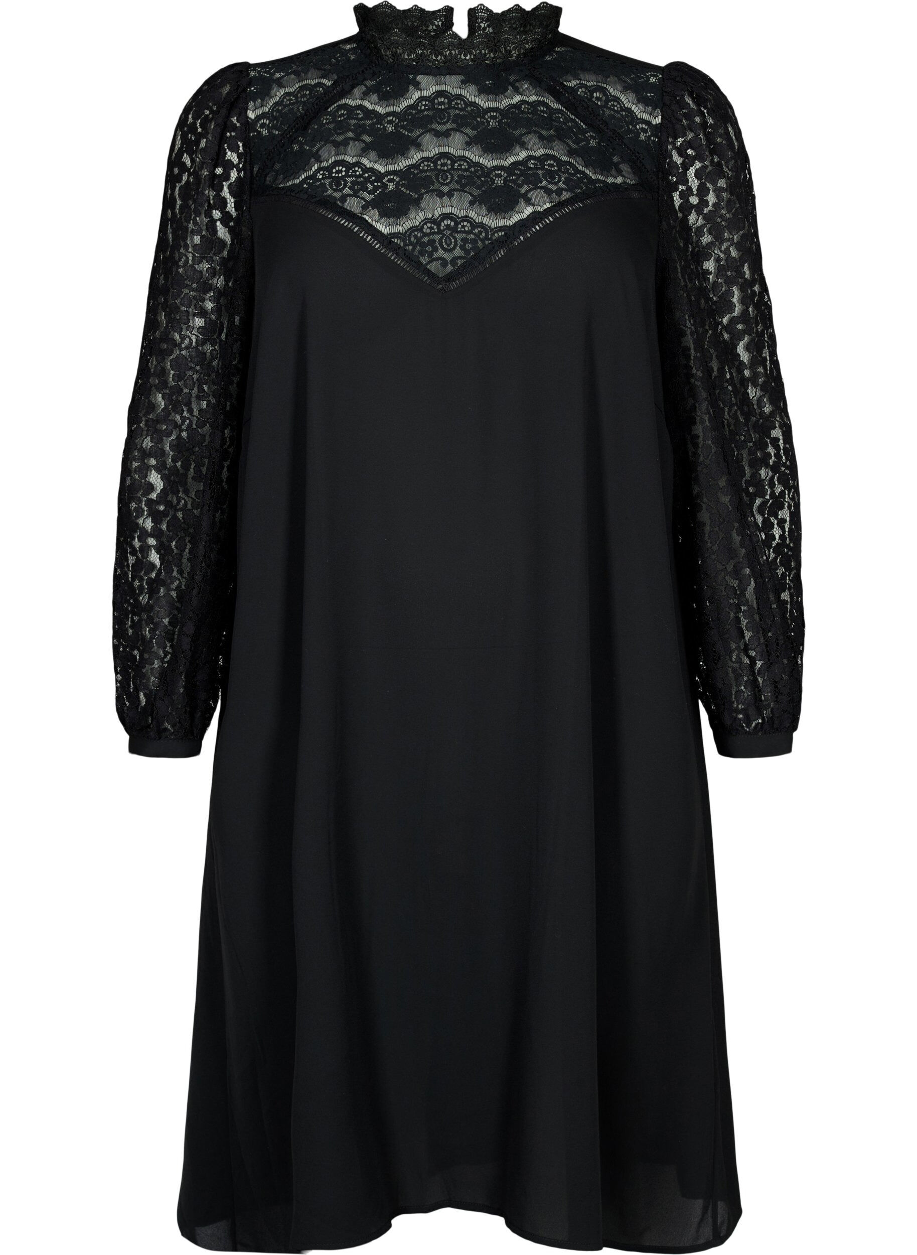 Zizzi Lang&auml;rmeliges Kleid mit Spitze, Black, Packshot image number 0