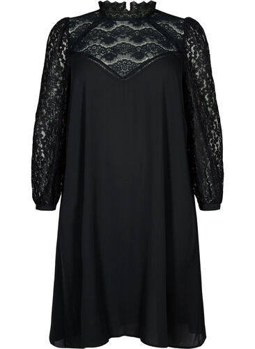 Langärmeliges Kleid mit Spitze, Black, Packshot image number 0