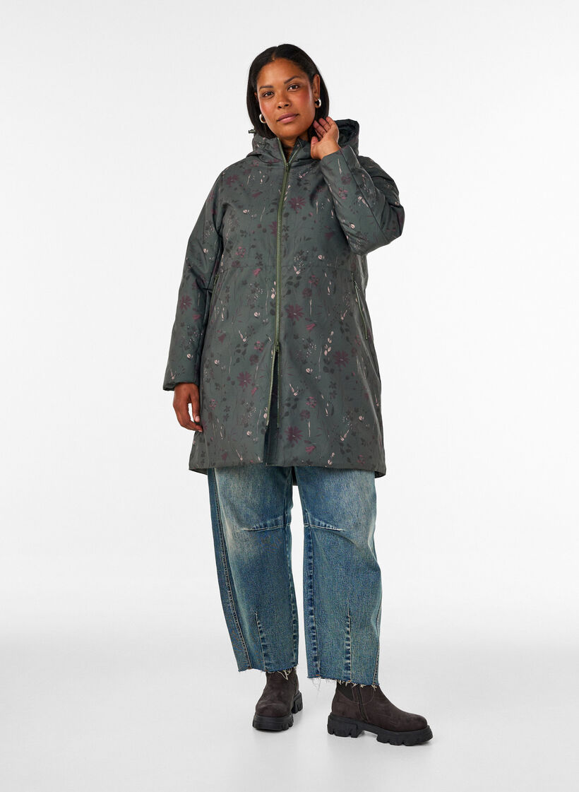Gepolsterte Winterjacke mit Blumenprint, Gr&uuml;n, Model image number 1