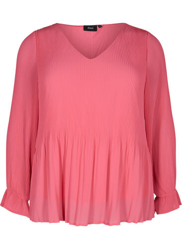 Plissee Bluse mit V-Ausschnitt, Hot Pink, Packshot image number 0