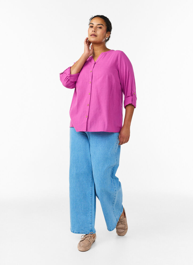 Hemdbluse aus Baumwolle mit V-Ausschnitt, Pink, Model image number 1