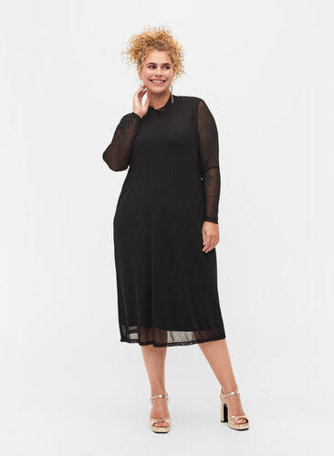 Langarm Midi-Kleid in Mesh, Black, Model image number 0