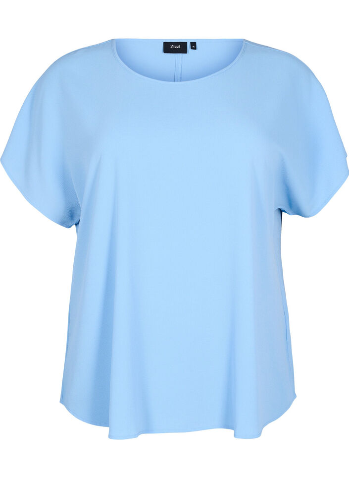 Bluse mit kurzen &Auml;rmeln und einem Rundhalsausschnitt, Blau, Packshot image number 0