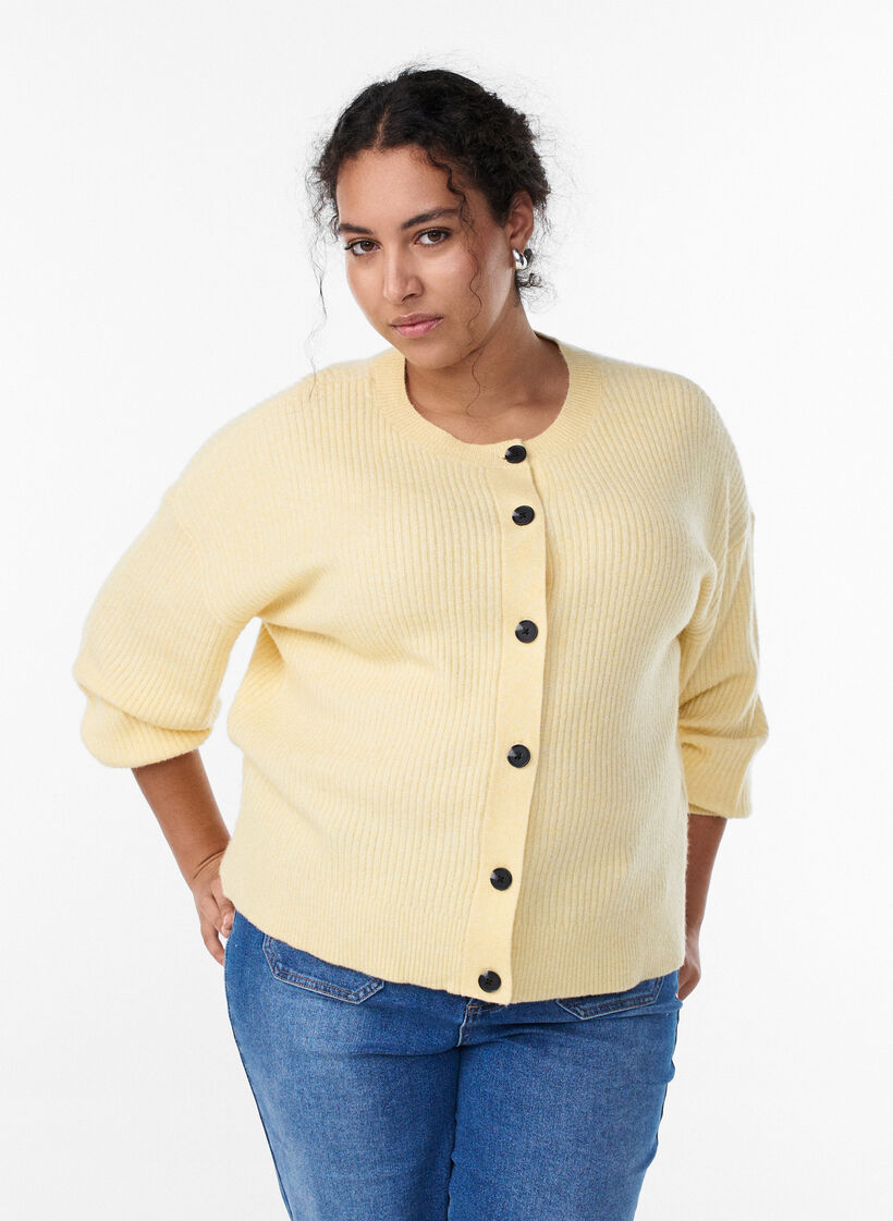Rippenstrick Strickjacke mit Kn&ouml;pfen, Gelb, Model image number 0