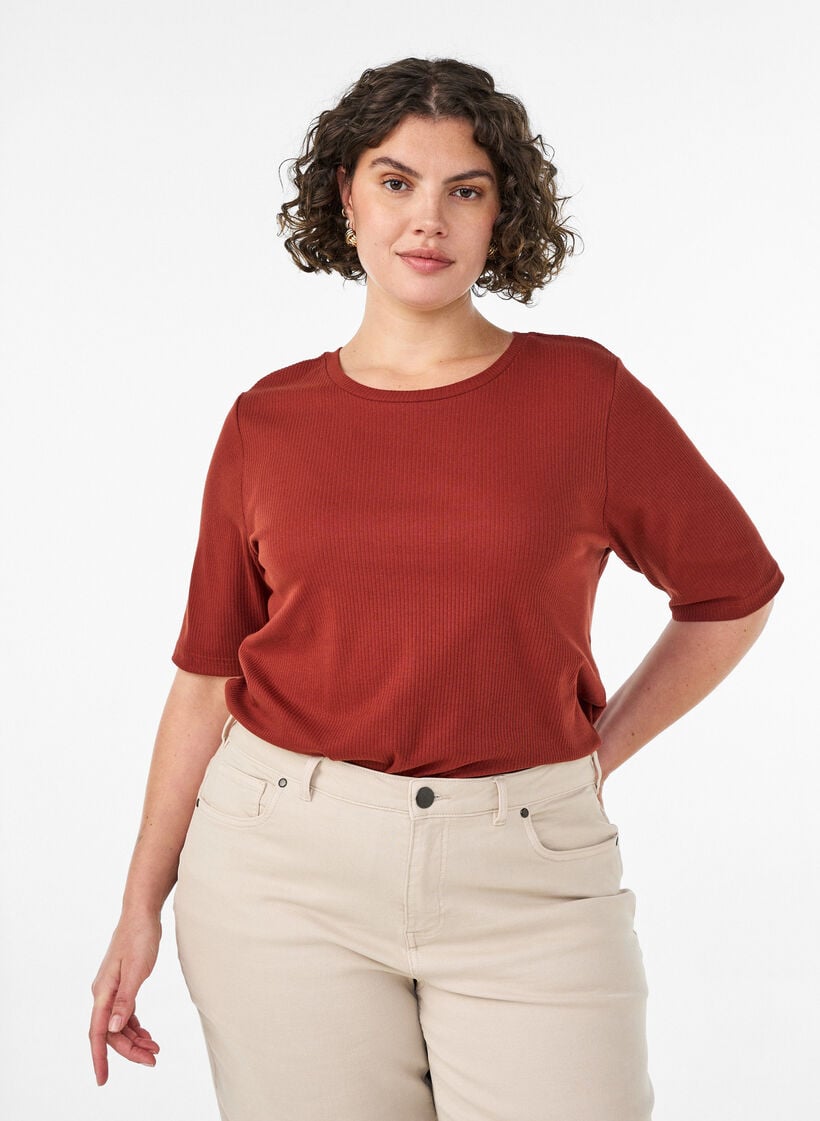 Bluse aus geripptem Jersey mit kurzen &Auml;rmeln, Rot, Model image number 0