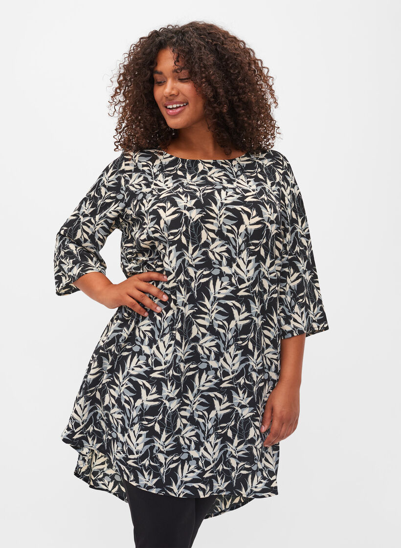 Kleid mit Print und 3/4 Armen, Leaf AOP, Model image number 0