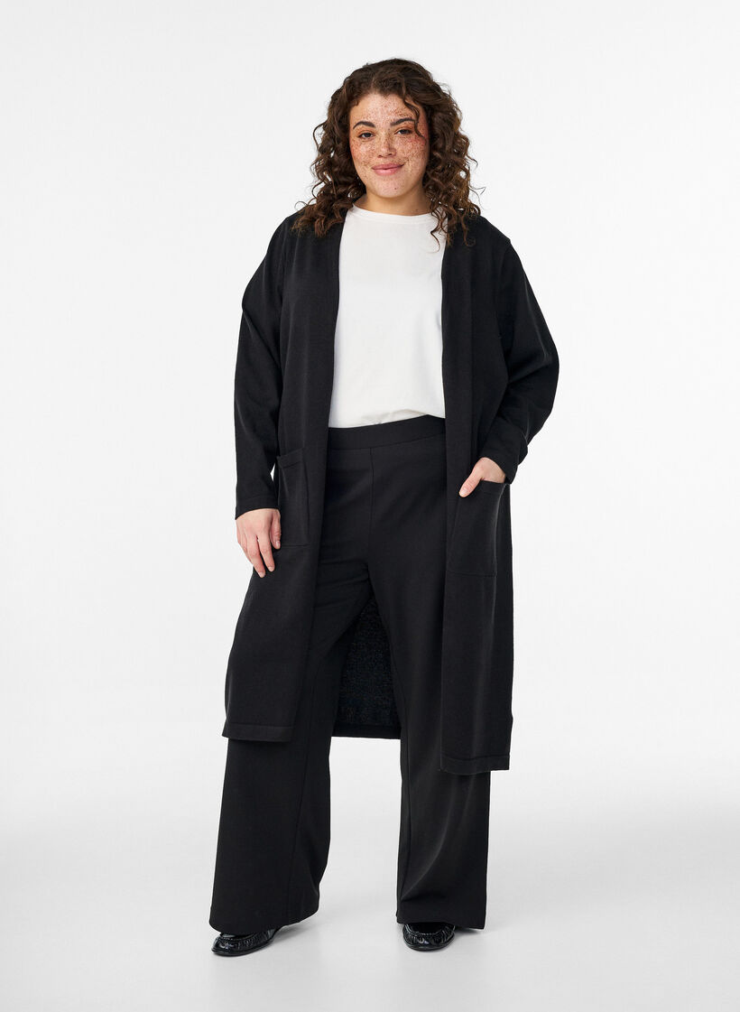 Lange, offene Strickjacke mit Taschen, Schwarz, Model image number 0