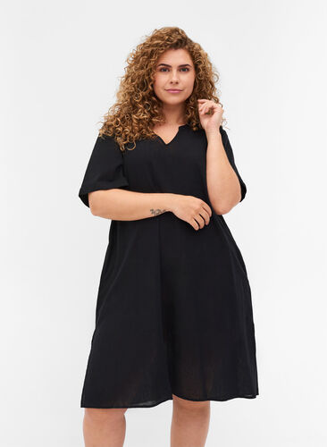 Kurzarm Kleid aus Baumwollmischung mit Leinen, Black, Model image number 0