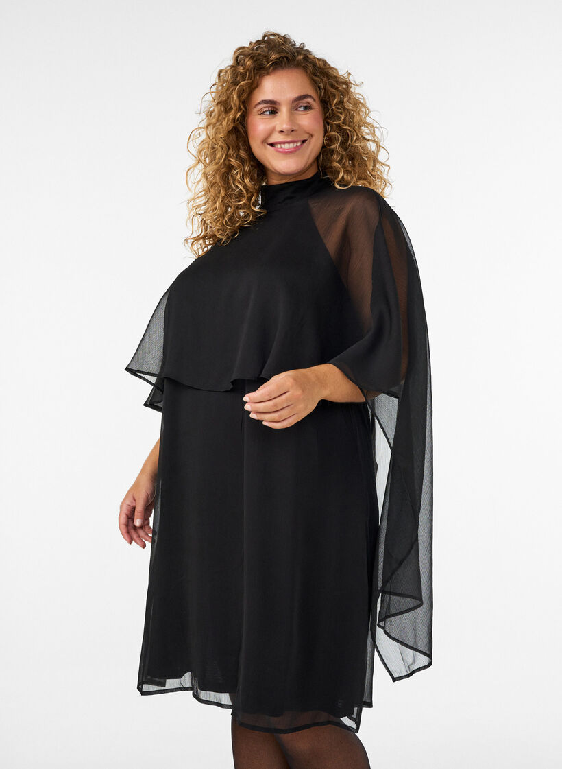 Knielanges Kleid aus Chiffon mit transparentem Cape, Schwarz, Model image number 0