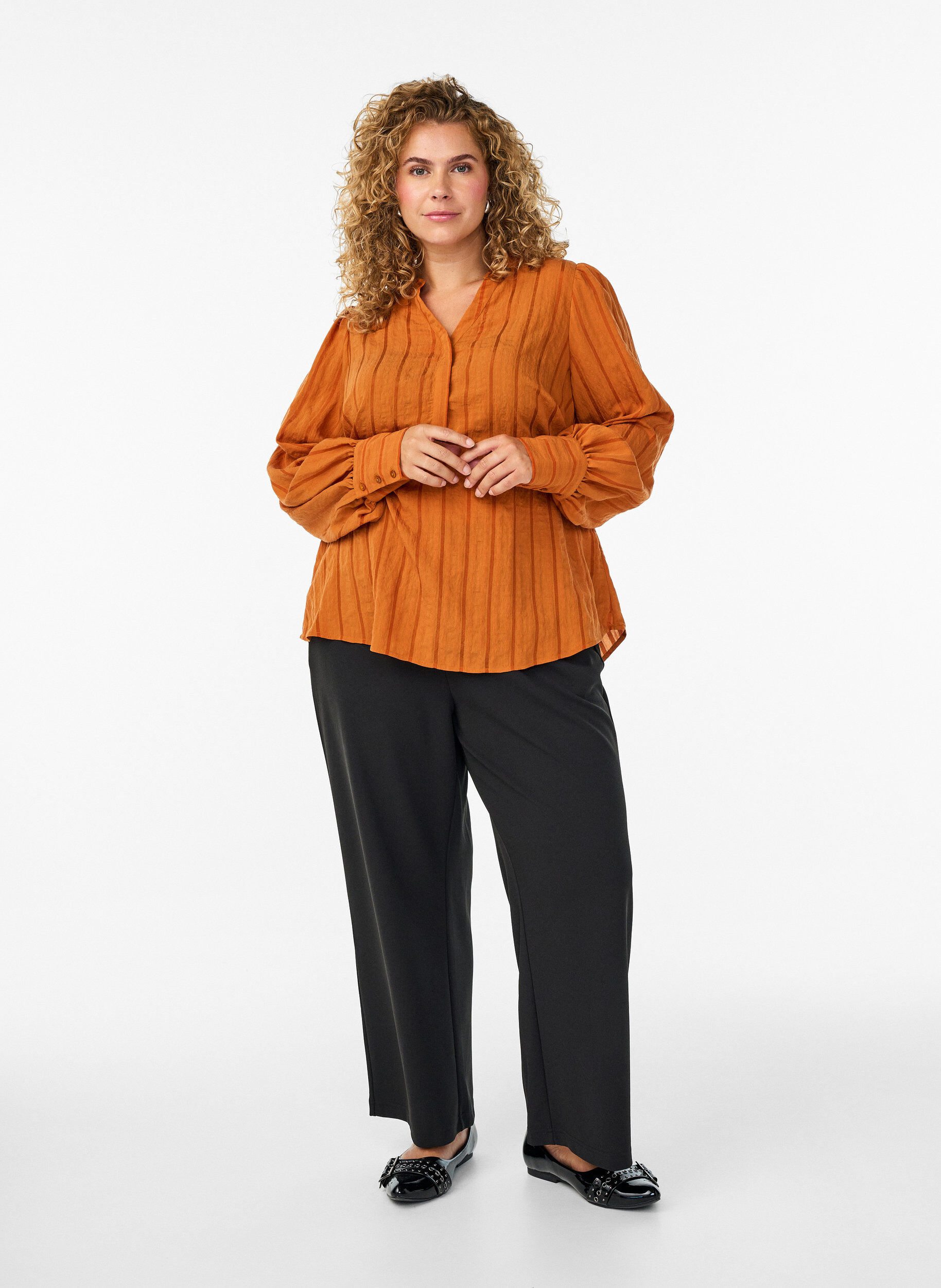 Zizzi Bluse mit L&auml;ngsstreifen, Orange, Model image number 1
