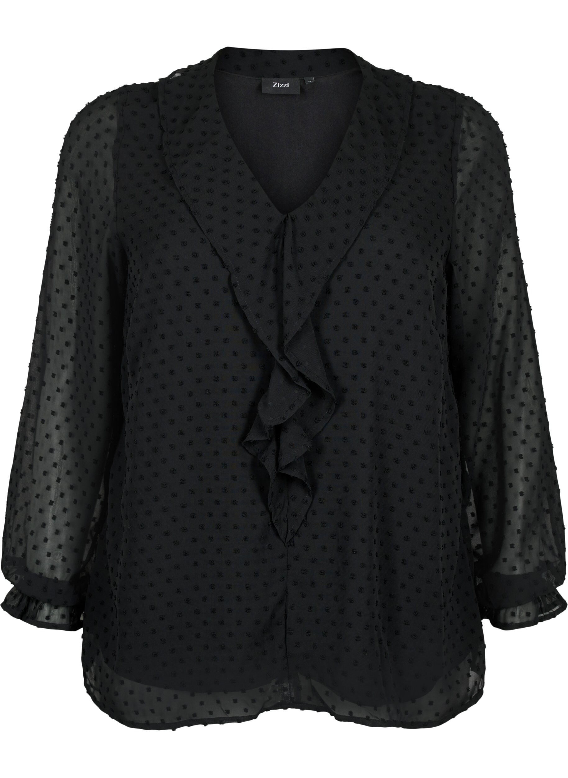 Zizzi Bluse mit R&uuml;schen und gepunkteter Textur, Black, Packshot image number 0
