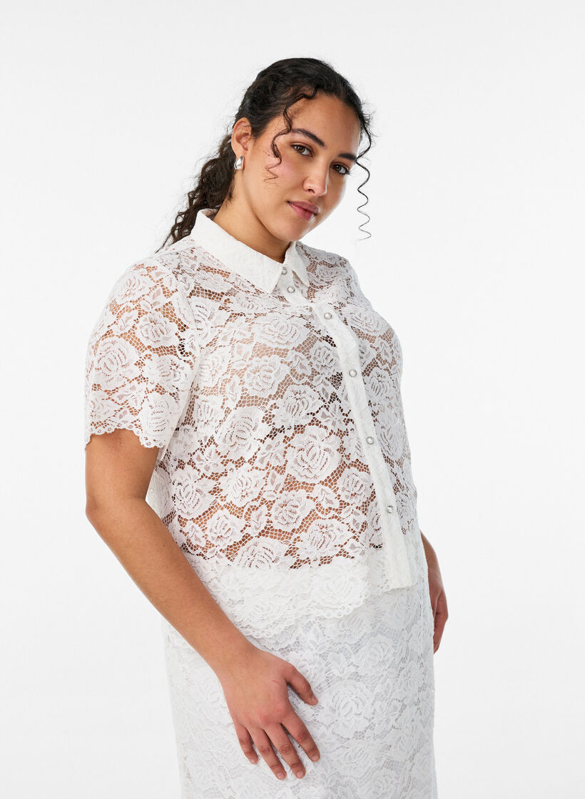 Spitzen blusenshirt mit perlenkn&ouml;pfen, Wei&szlig;, Model image number 0