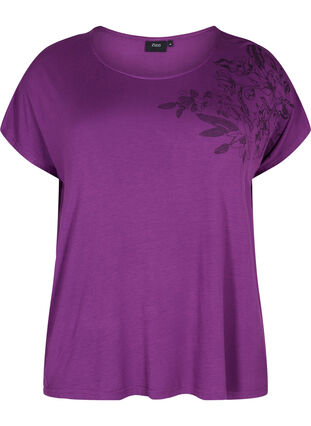 Kurzärmeliges Viskose-T-Shirt mit Blumendruck, Grape Juice Flower, Packshot image number 0