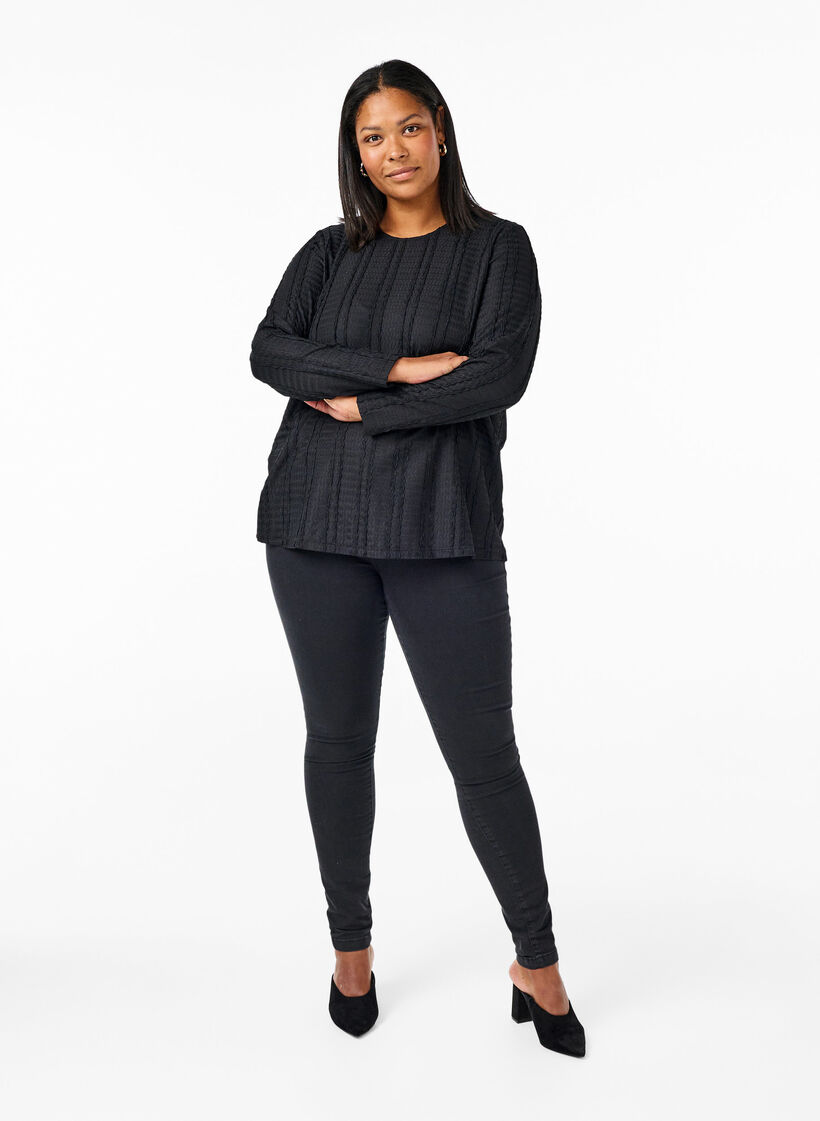  Langärmelige Bluse mit Textur, Black, Model image number 2