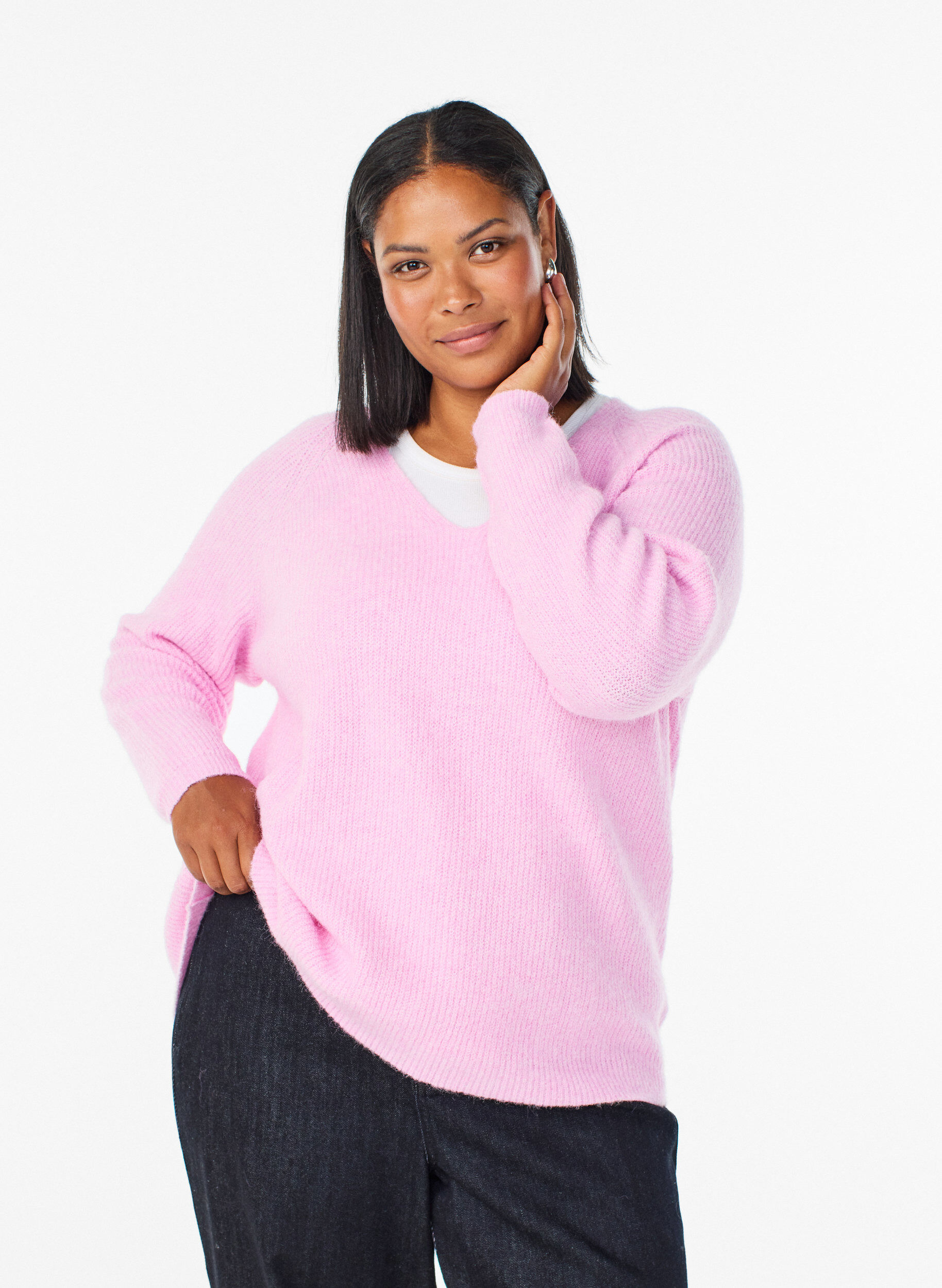 ZizziStrickbluse mit V-Ausschnitt und Raglan&auml;rmeln, Pink, Model image number 0