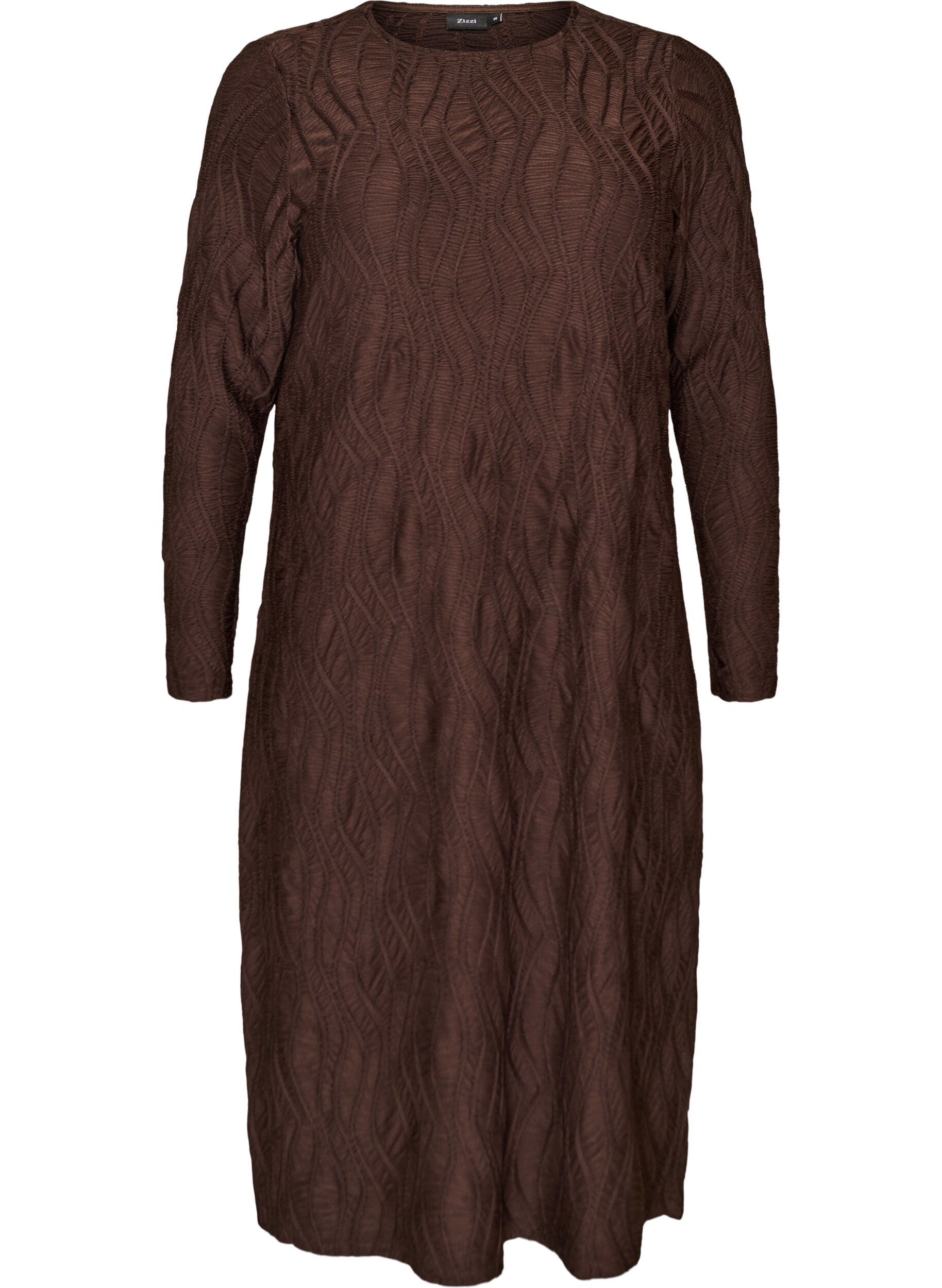 ZizziMidikleid mit gewellter Struktur und langen &Auml;rmeln, Braun, Packshot image number 0