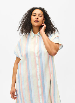 Langes Hemd aus Baumwollmischung mit Leinen, Multi Color Stripe, Model image number 2