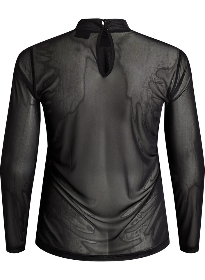 Enganliegende Mesh-Bluse mit langen Ärmeln, Schwarz, Packshot image number 1