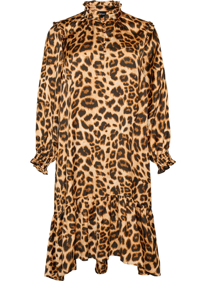 Kleid mit Leopardenmuster und R&uuml;schendetails, Braun, Packshot image number 0