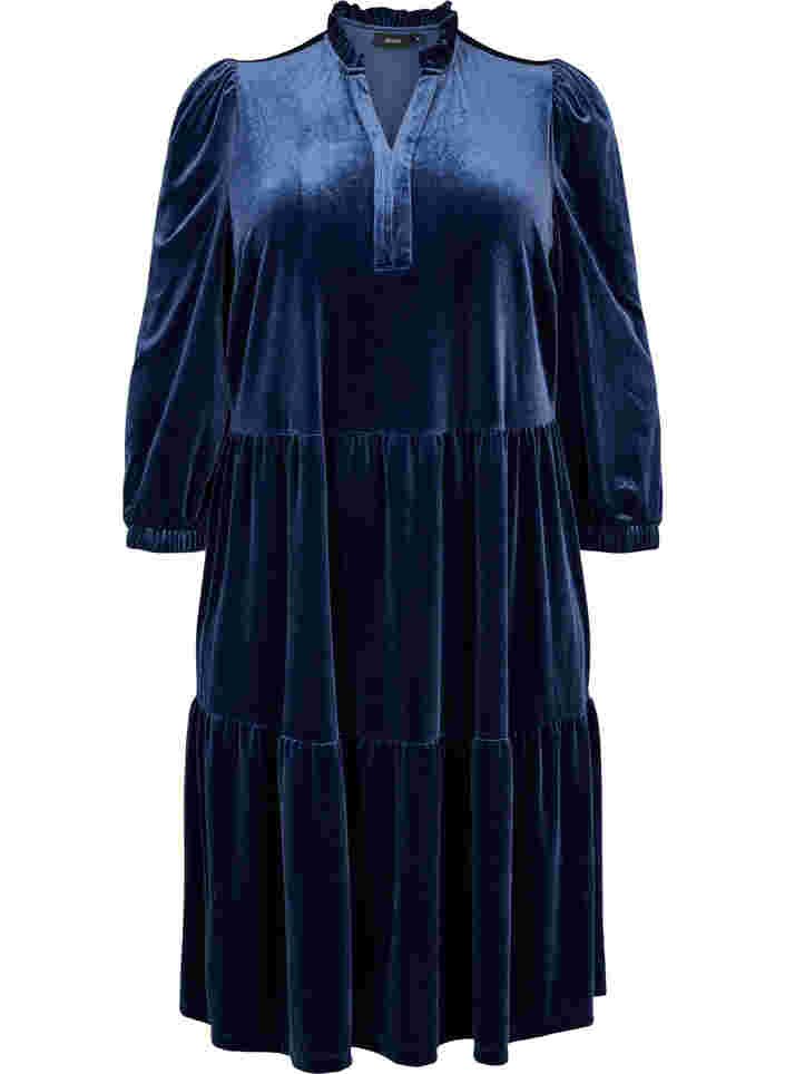 Kleid aus Velours mit Rüschenkragen und 3/4-Ärmeln, Navy Blazer, Packshot image number 0