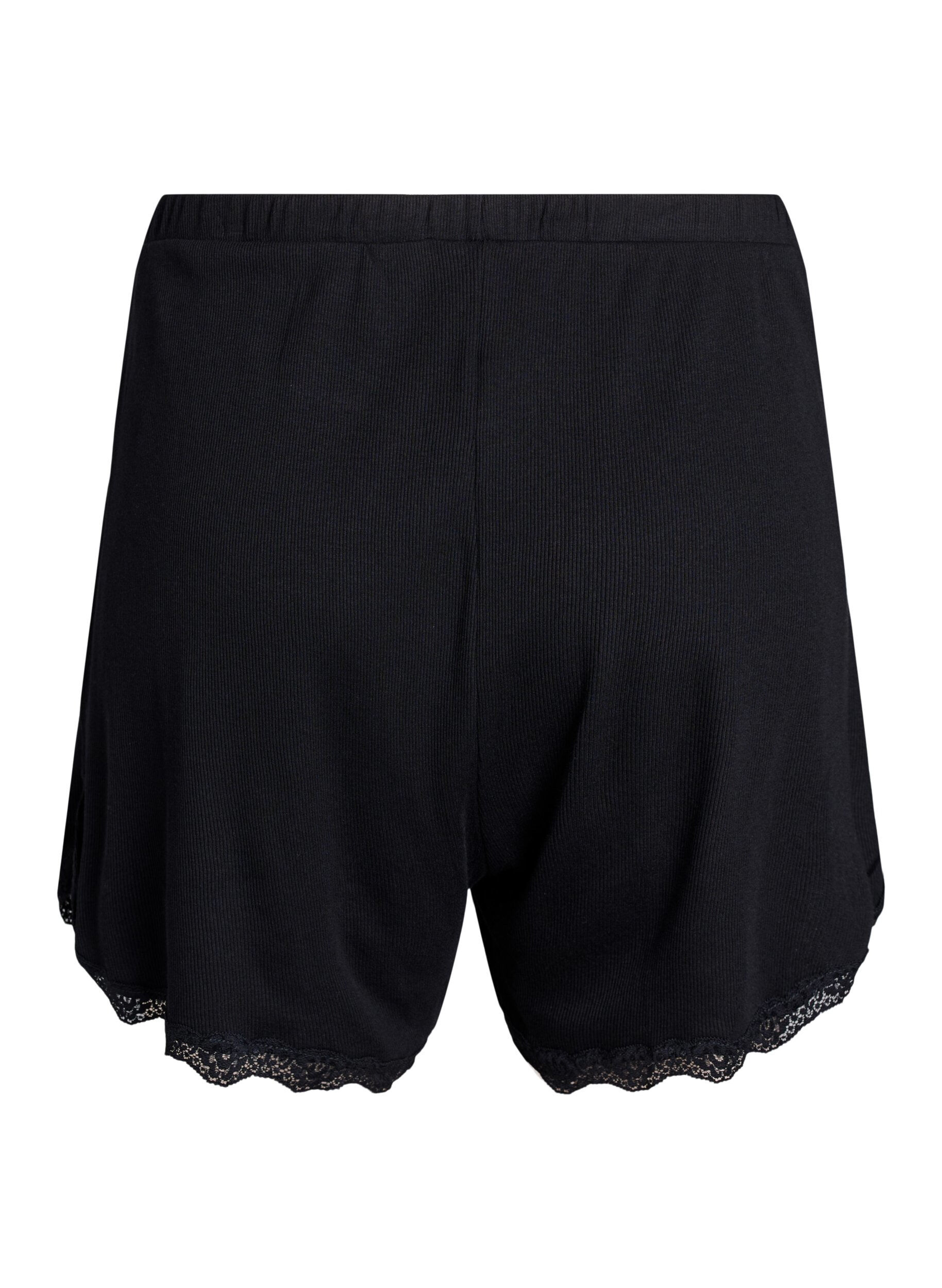 Zizzi Lockere Nachtshorts aus geripptem Material mit Spitzensaum, Schwarz, Packshot image number 1