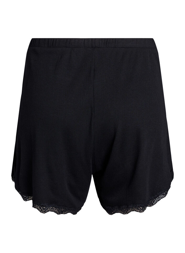 Lockere Nachtshorts aus geripptem Material mit Spitzensaum, Schwarz, Packshot image number 1