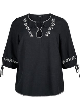 Bestickte Bluse aus Baumwollmischung mit Leinen, Black W. EMB, Packshot image number 0