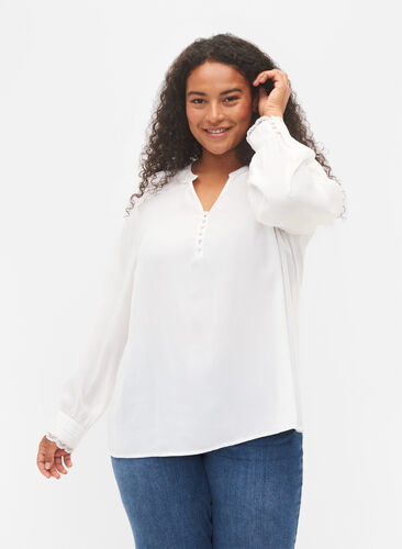 Langärmelige Bluse mit V-Ausschnitt , Bright White, Model image number 0
