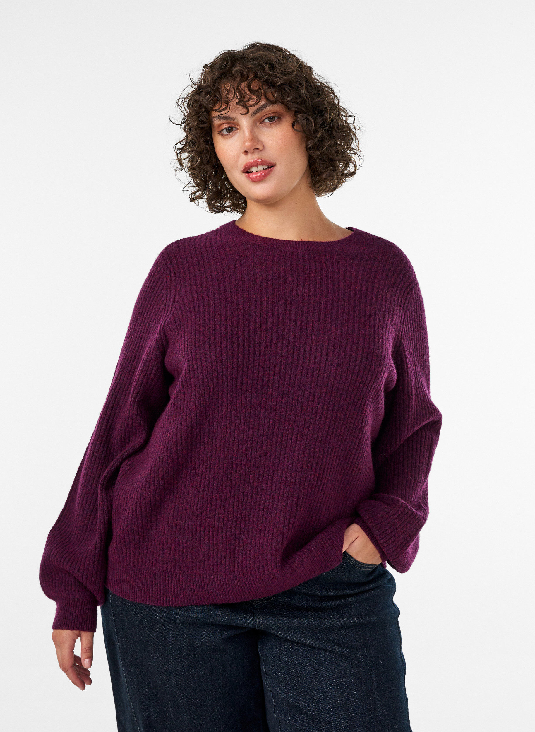 ZizziGerippter Pullover mit Ballon&auml;rmeln, Lila, Model image number 0