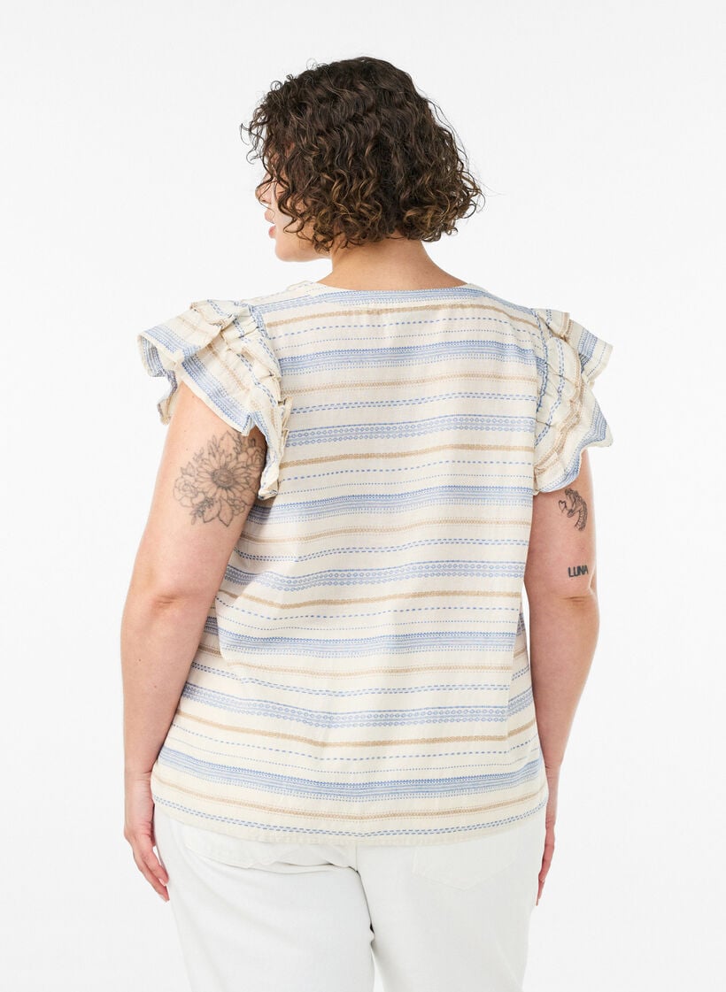 &Auml;rmellose Bluse mit R&uuml;schen und gemusterten Streifen, Vanille, Model image number 2