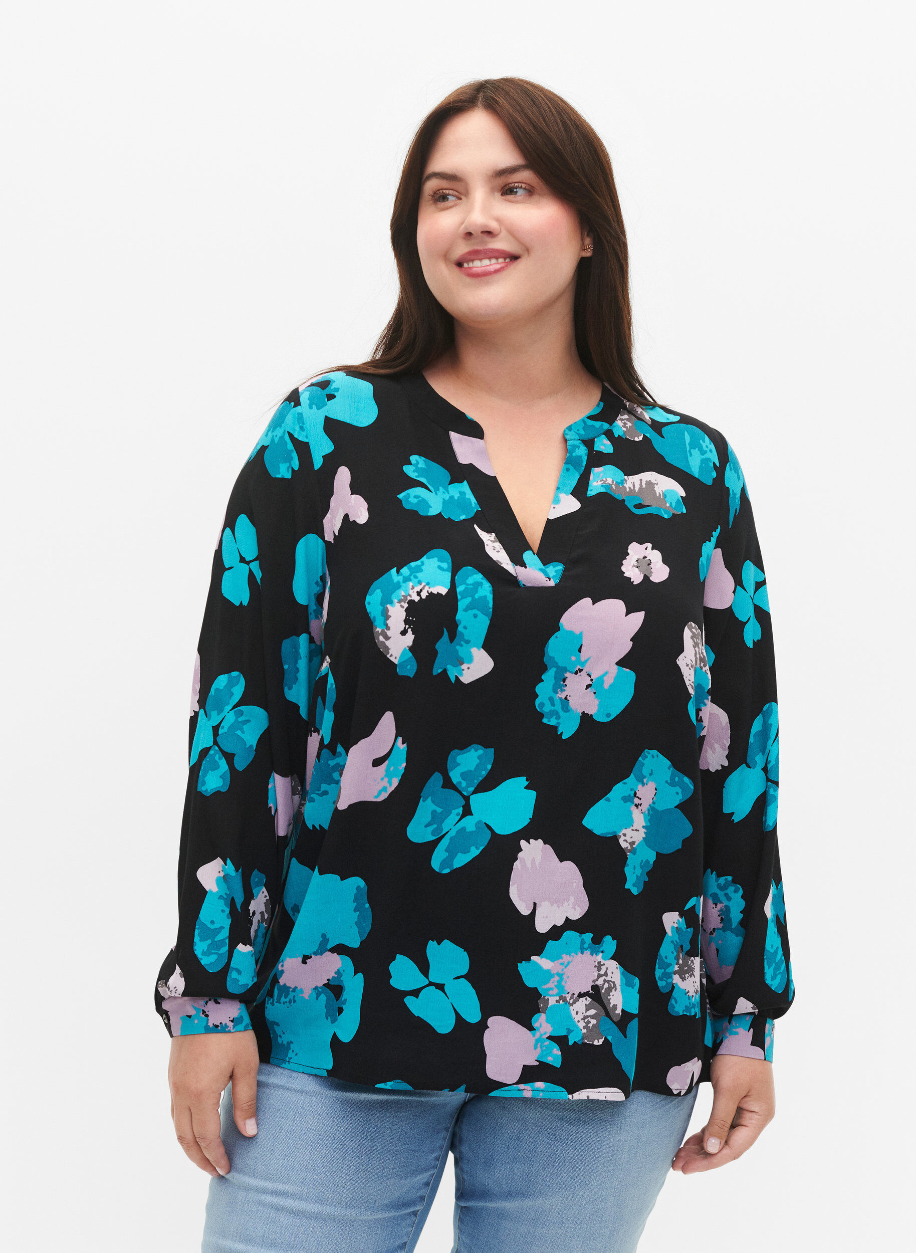 Zizzi Lang&auml;rmlige Viskosebluse mit Druck, Blue AOP, Model image number 0