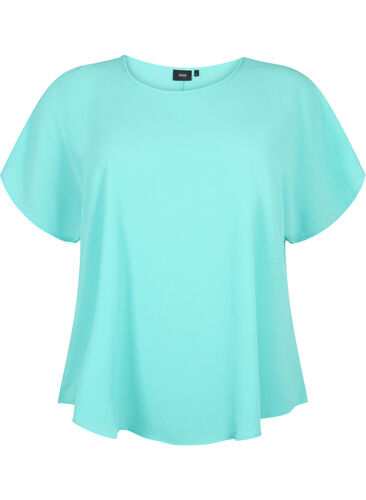 Bluse mit kurzen Ärmeln und Rundhalsausschnitt, Turquoise, Packshot image number 0