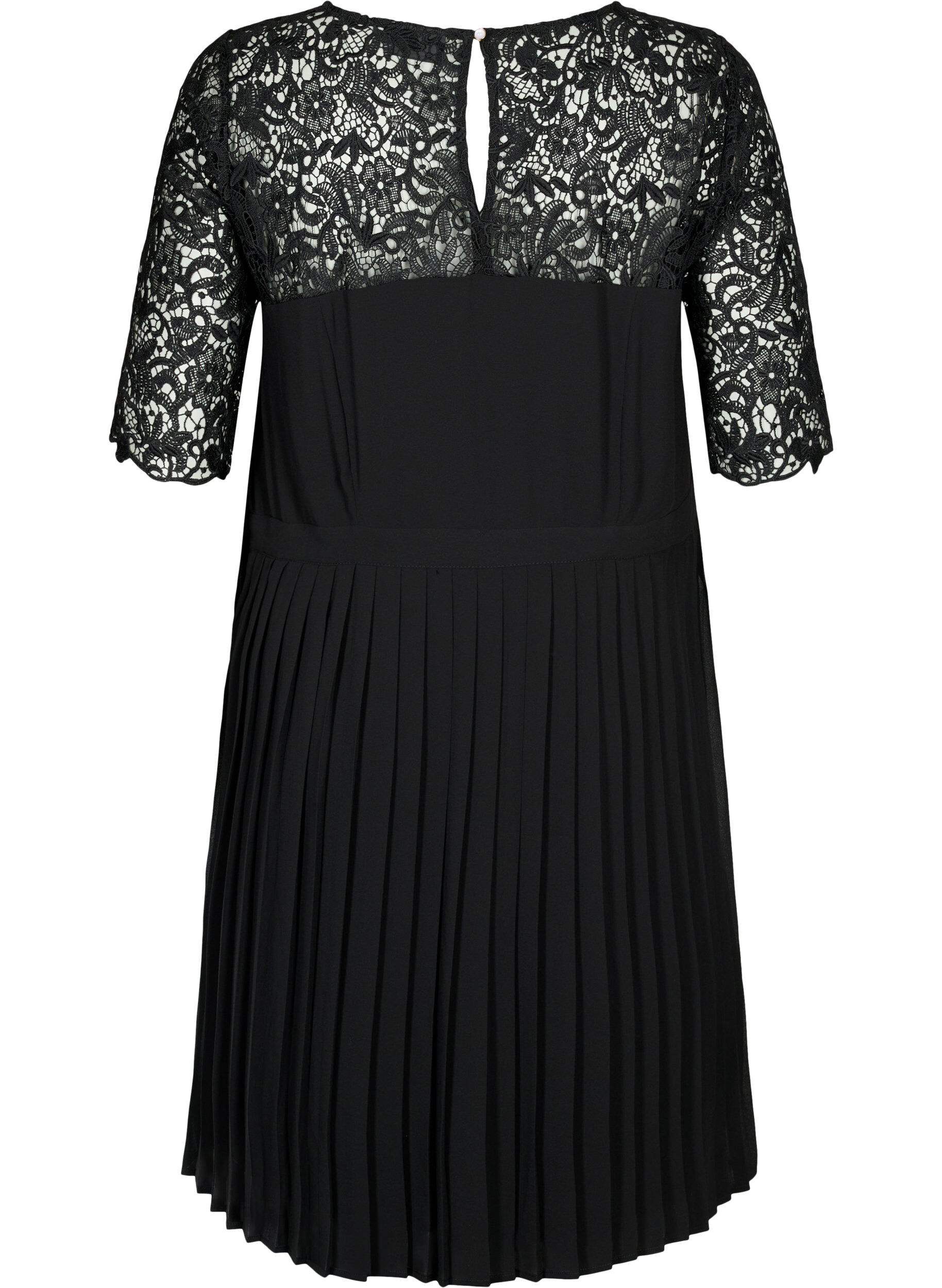 Zizzi Kurz&auml;rmeliges Kleid mit Spitzenoberteil, Black, Packshot image number 1