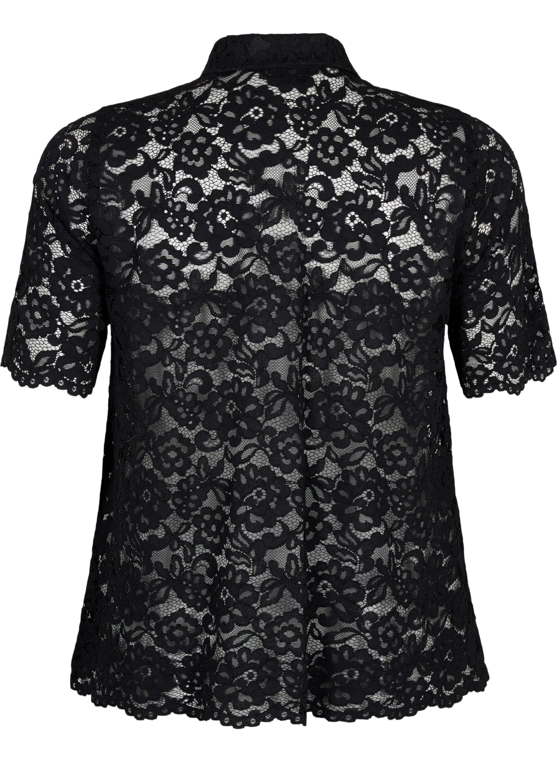 Zizzi Spitzenshirt mit kurzen &Auml;rmeln, Black, Packshot image number 1