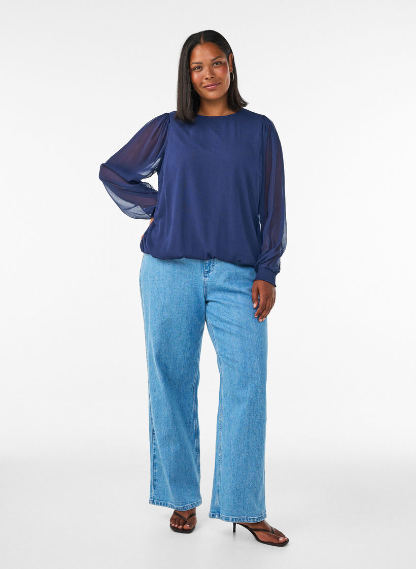 Bluse aus Chiffon mit transparenten &Auml;rmeln, Blau, Model image number 1