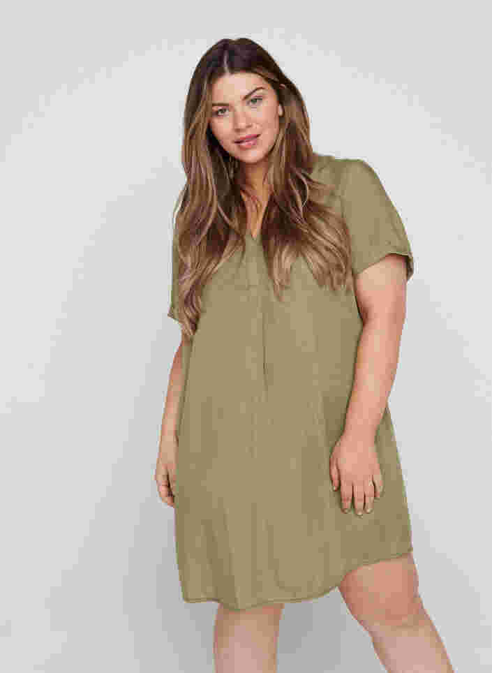 Kurzarm Kleid mit V-Ausschnitt, Dusky Green, Model image number 0