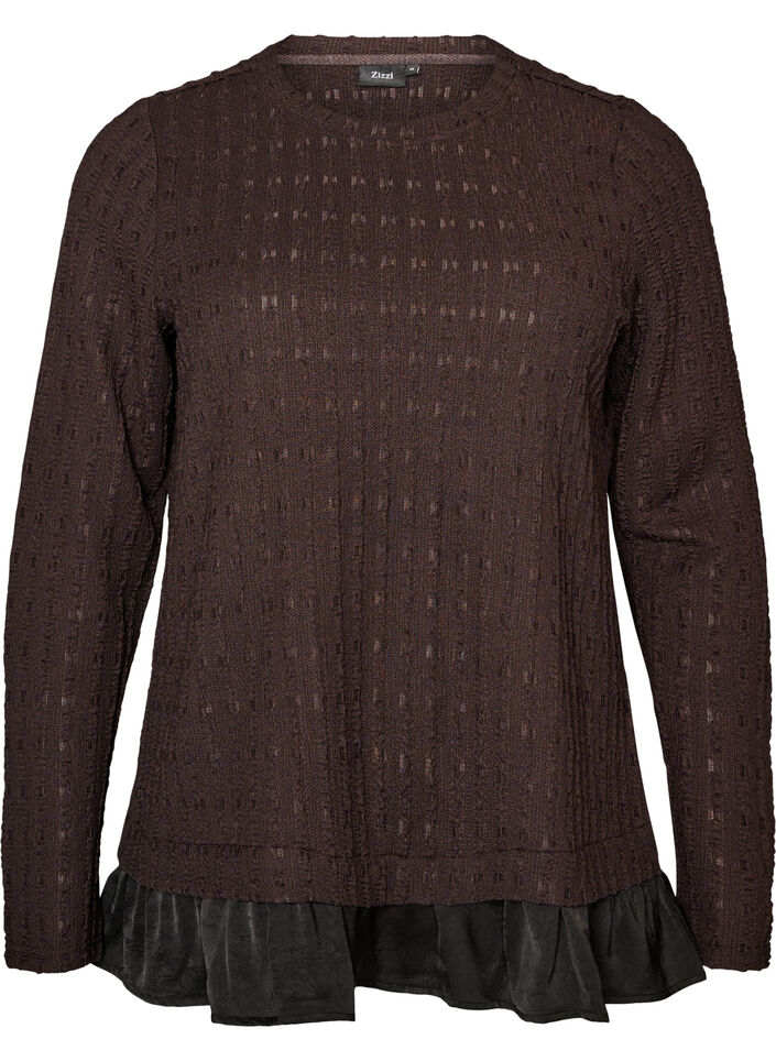 Strukturierte Bluse mit R&uuml;schensaum, Braun, Packshot image number 0