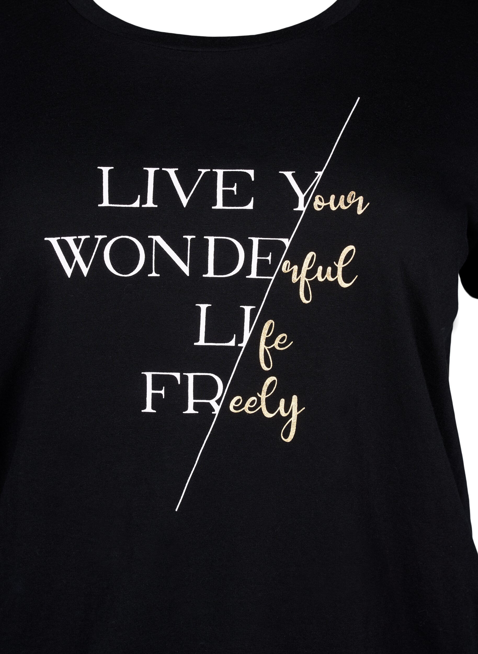 Zizzi Kurz&auml;rmliges T-Shirt aus Baumwolle mit Gummizug am Saum, Black w. Live, Packshot image number 2