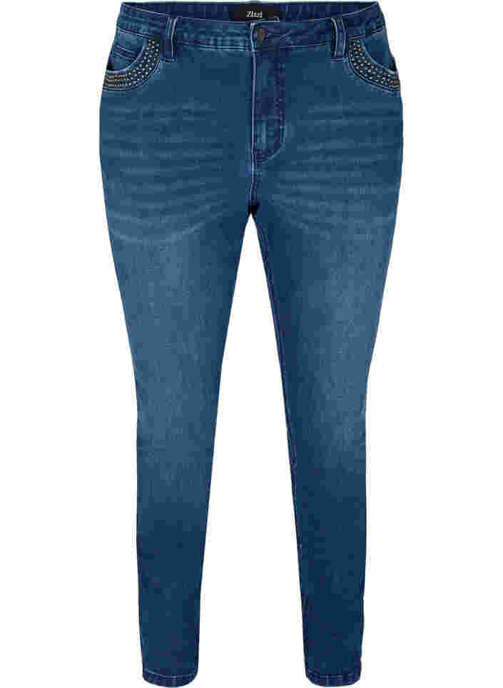 Nille Jeans mit hoher Taille und Nieten, Medium Blue denim, Packshot image number 0