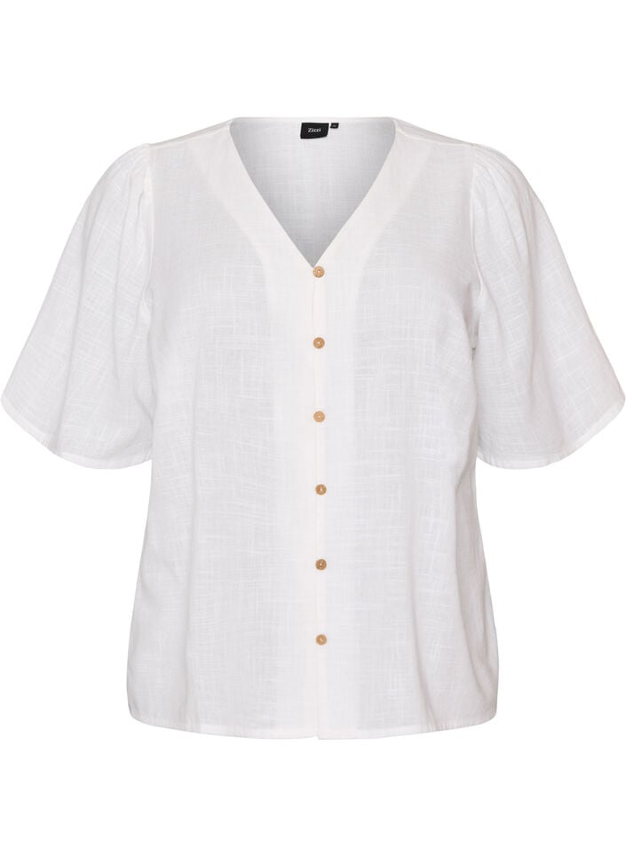 Kurz&auml;rmelige Bluse aus Baumwolle mit V-Ausschnitt, Wei&szlig;, Packshot image number 0