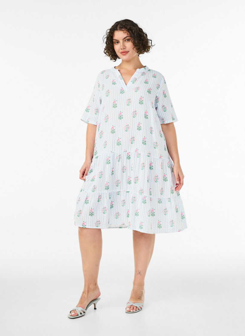 Kurzes A-Linien-Kleid aus Baumwollmusselin, Vanille, Model image number 1