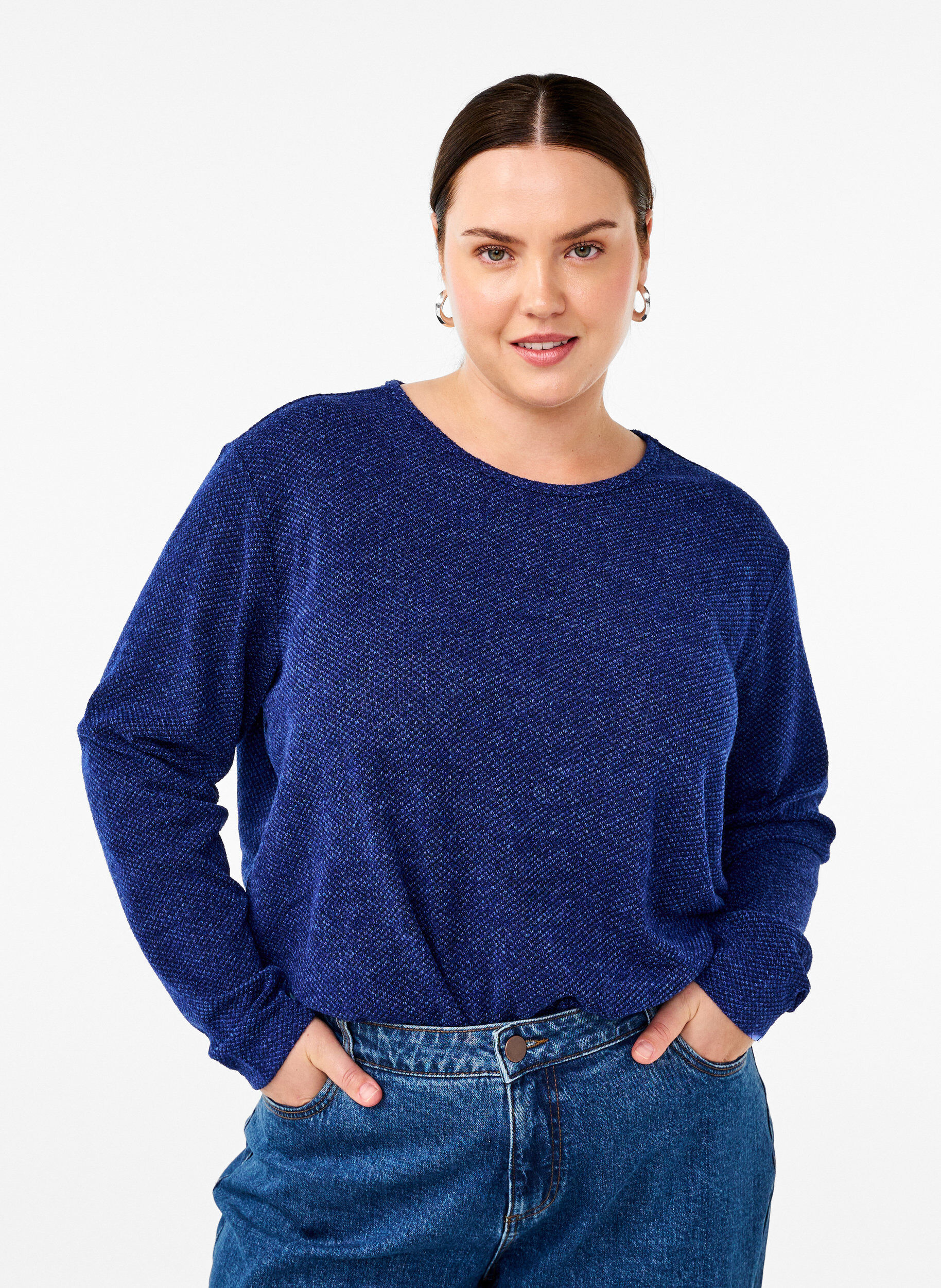 Zizzi Melange Bluse mit rund um den Neck und langen &Auml;rmel, Sodalite Blue, Model image number 0