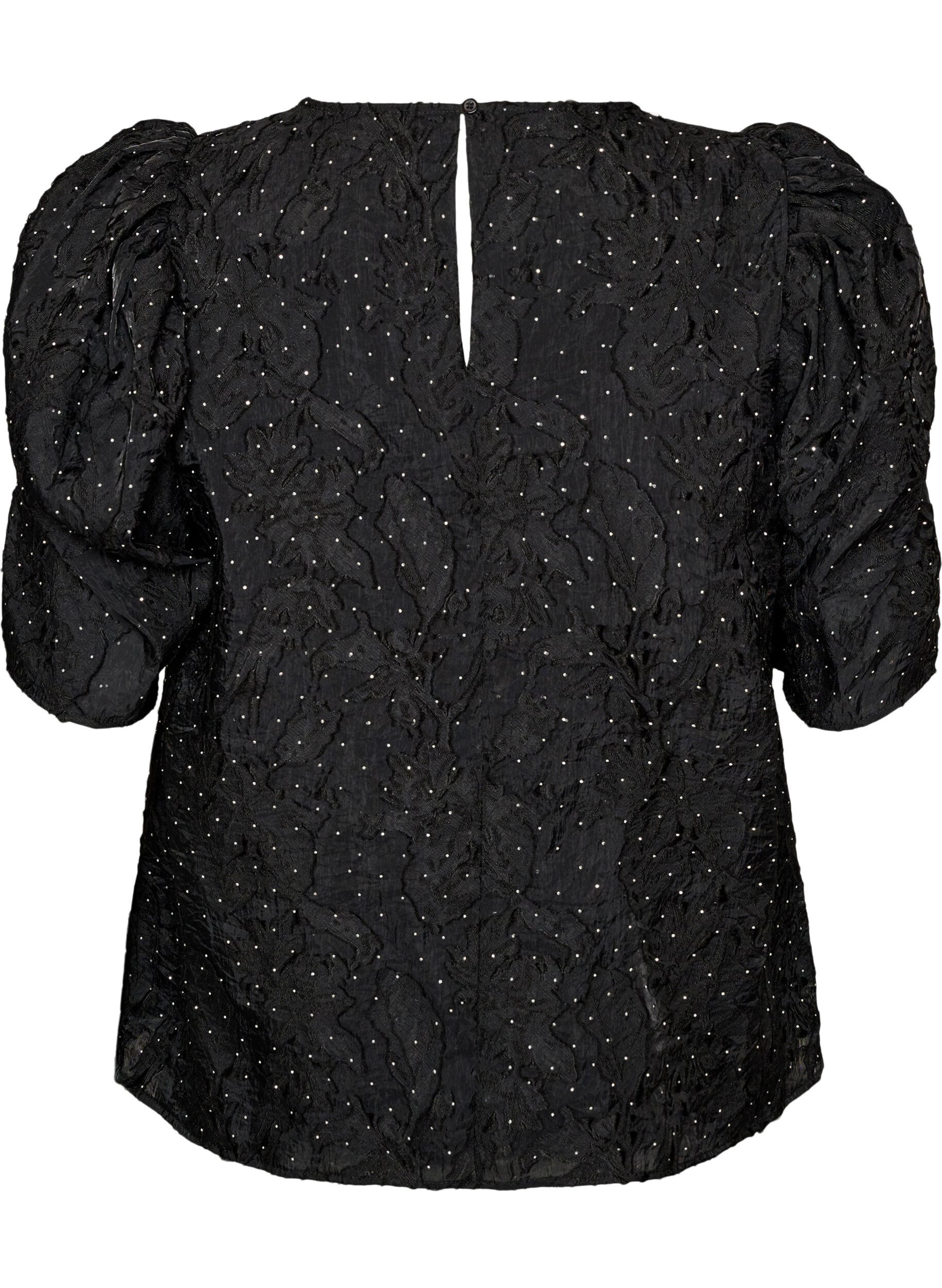 ZizziJacquardbluse mit funkelnden Details und Puff&auml;rmeln, Schwarz, Packshot image number 1