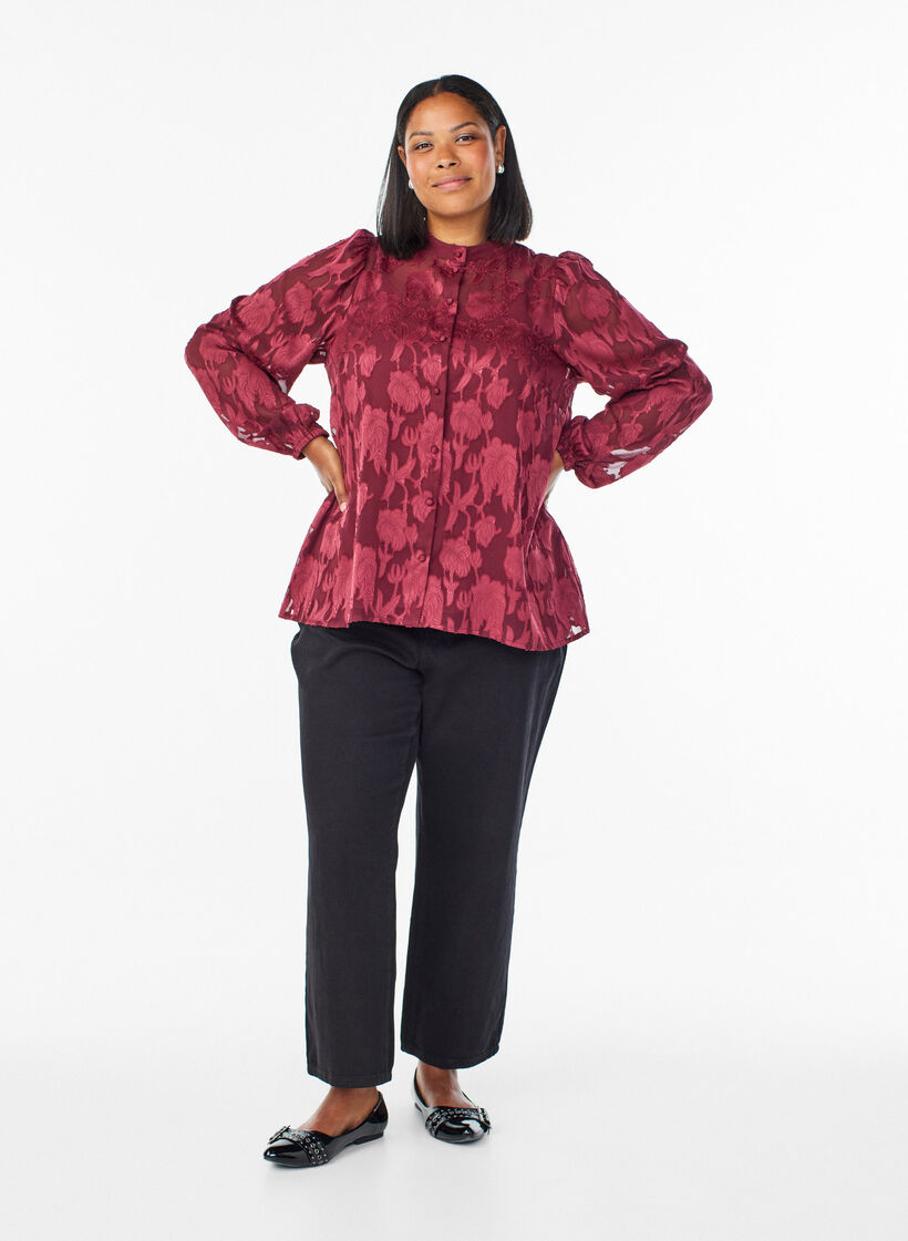Bluse mit Knöpfen und Blumenmuster, Dunkles Bordeaux, Model image number 1