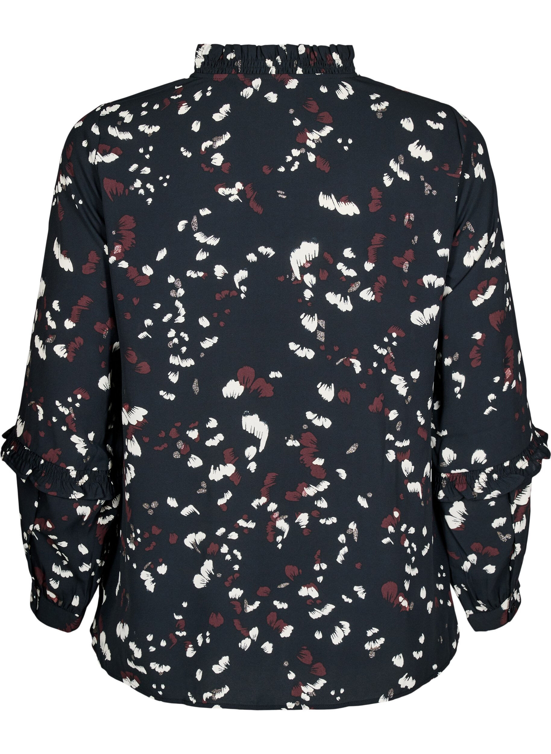 Zizzi Bluse mit Print und R&uuml;schendetails, Schwarz, Packshot image number 1