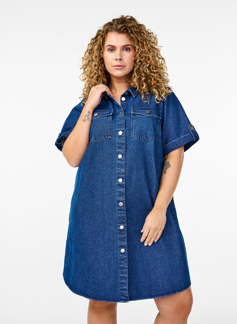Jeanskleid mit kurzen Ärmeln und Knöpfen, Blau, Model image number 0