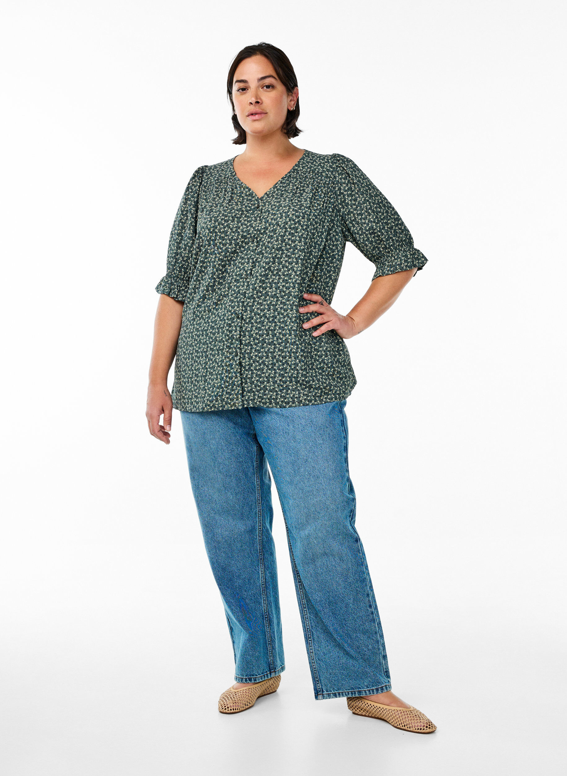 Zizzi Bluse mit 1/2 &Auml;rmeln, Gr&uuml;n, Model image number 1